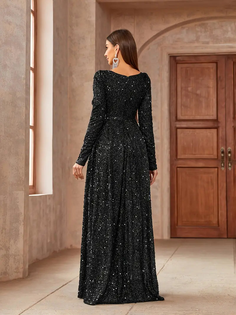 Elegante vestido de lantejoulas A-Line com mangas compridas preto, perfeito para festas