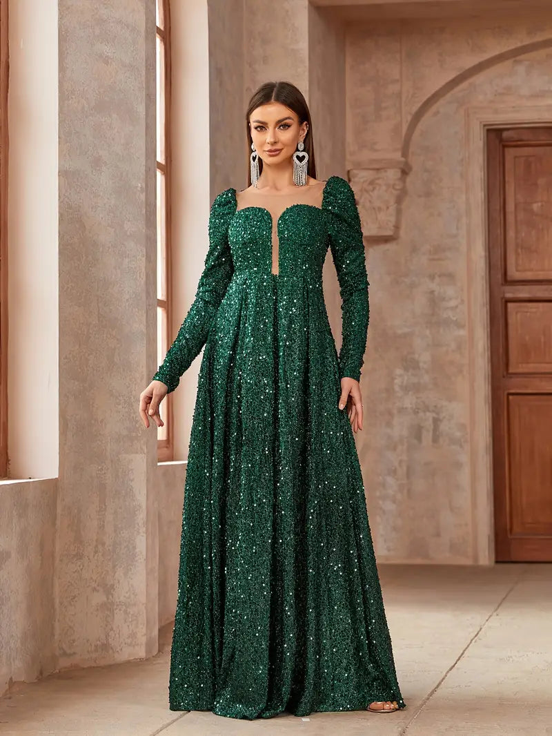 Elegante vestido de lantejoulas A-Line com mangas compridas